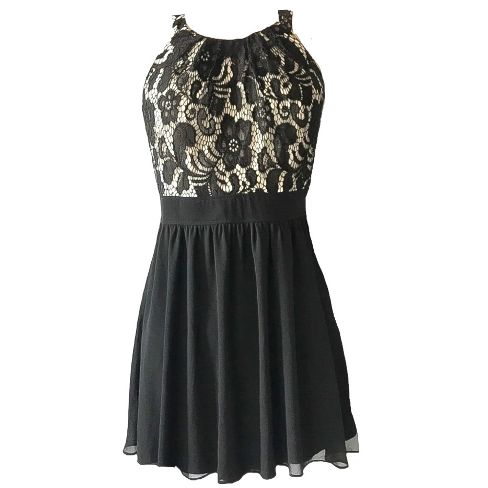 Sequin Hearts SZ 11 Black & Ivory Lace A-Line Halter Formal/Prom Mini Dress